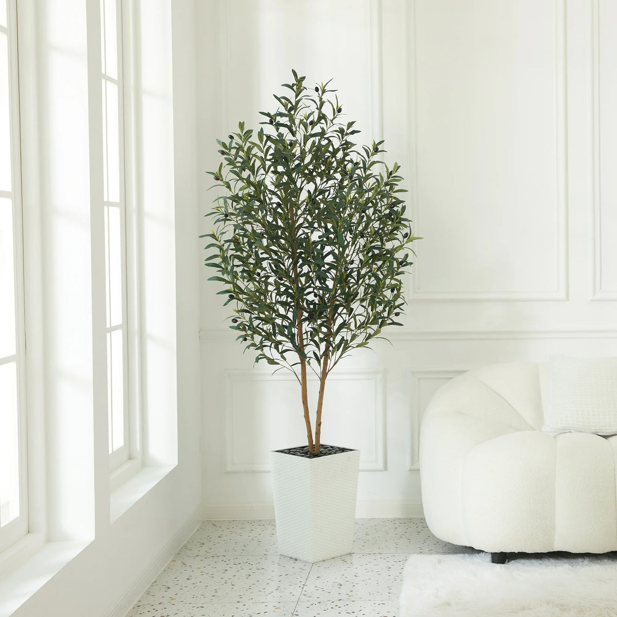 DR.Planzen 6FT Tall Artificial Olive Tree with Tall White Planter, UV Resistant Silk Leaves  Real Wood Trunk | Home Office House Outdoor Decor