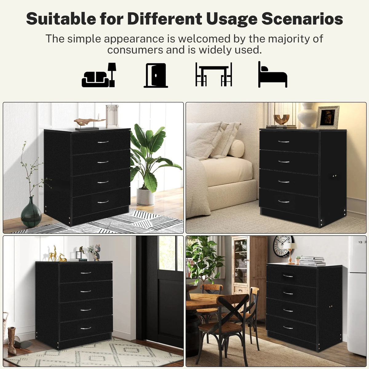 Segmart Black 4 Drawer Dresser for Small Space, Wood Storage Cabinet for Living Room, Chest of Drawers with Metal Handle for Bedroom