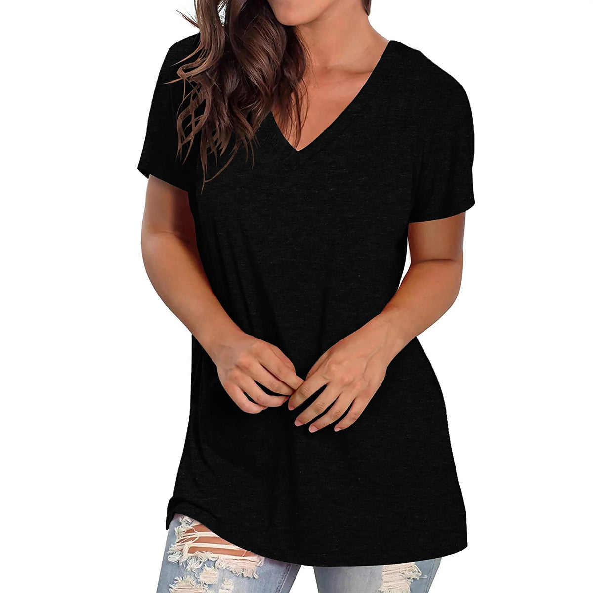 TEMOFON Womens Tops Casual Summer T Shirts V Neck Short Sleeve Tunic Tops Casual Solid Black Loose Shirts for Women Size L