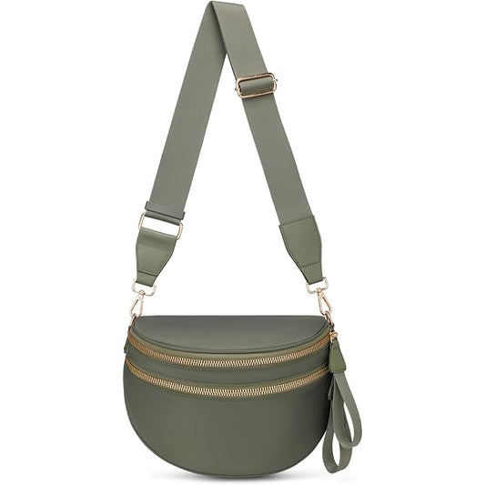 Pure Colour Crossbody Bum Bags for Women Spacious Checkered Cross body Bag Nylon Trendy Fanny Pack for Travel Beans Green