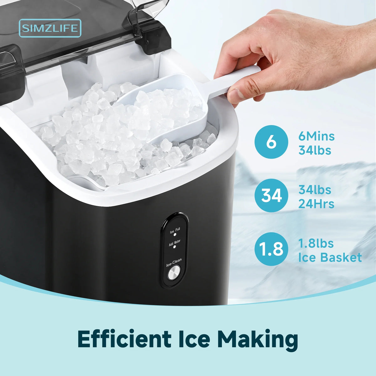 Simzlife Nugget Ice Maker Countertop, Portable Ice Maker Machine with Handle, Self-Cleaning, Ready in 6 Mins, 34lbs/24H, Soft Chewable Ice, Black