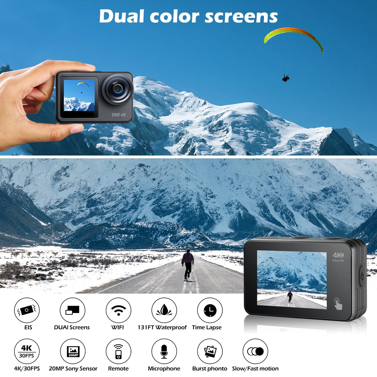 Campark 4K 30FPS Action Camera 20MP Touch Screen Sports Camera Waterproof Underwater Camera WiFi Vlog Camera