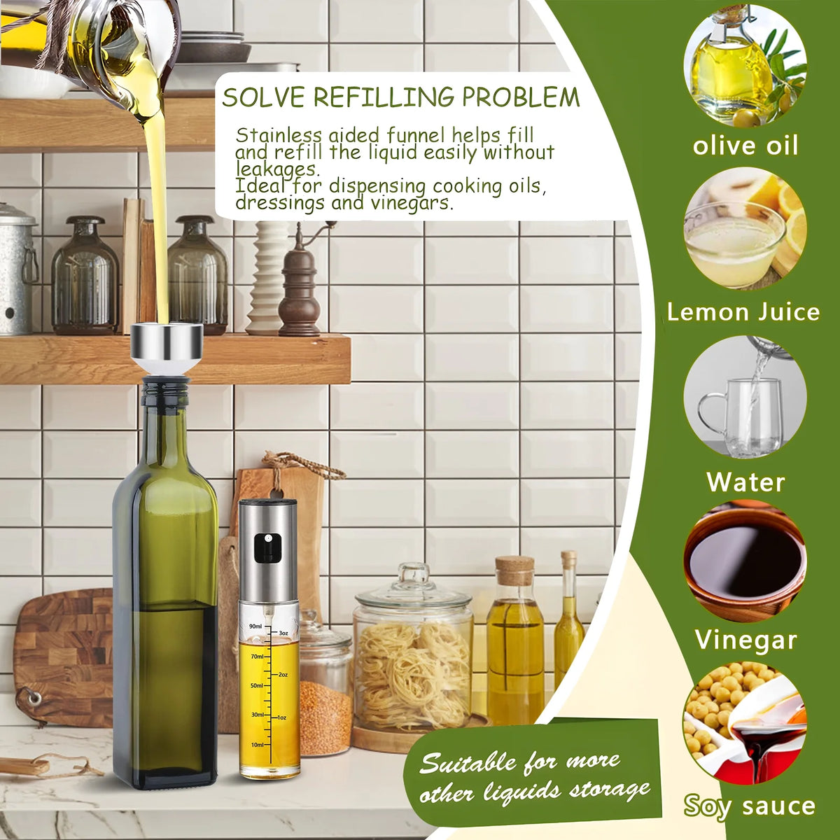 Aovky Olive Oil Dispenser Bottle ,Oil Sprayer Bottle Set for Kitchen Cooking, 17.6 Oz Green Oil and Vinegar Cruet with Drip-Free Stainless Steel Spout and 100 ML Oil Spray with Measurements