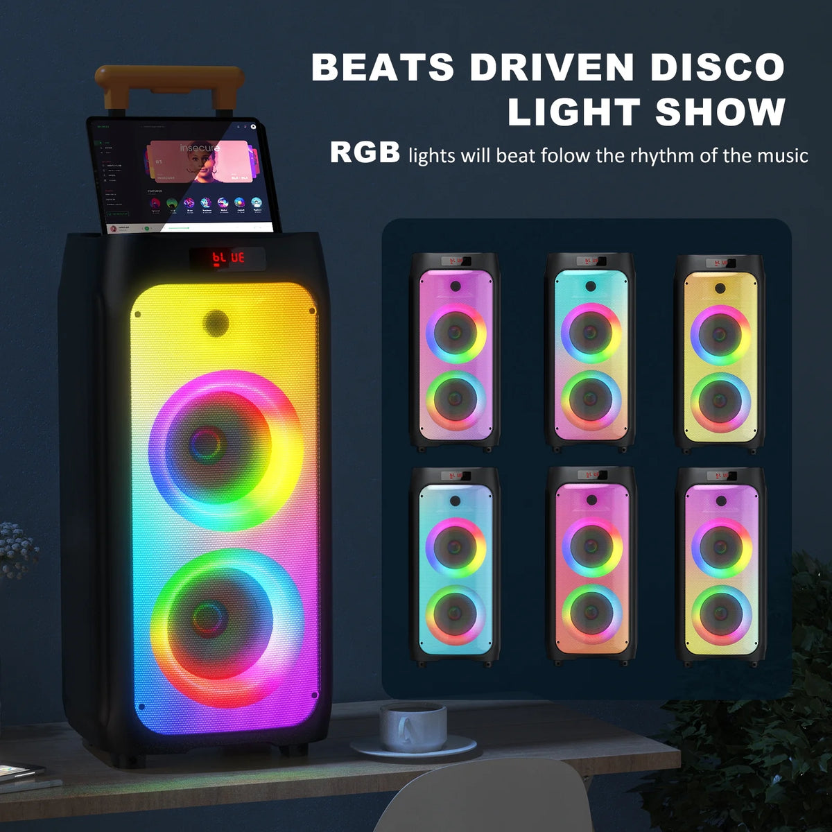 FanFun Large Bluetooth Speaker, 23.82" Big Party Speaker with Wheels, Trolley Bar, DJ Light, 500W Peak Power, Deep Bass Portable Outdoor Speaker System with Karaoke Microphone, Usb, Aux in