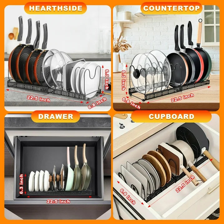 Aovky Pot Lid Organizer with 12 Adjustable Dividers, Expandable Metal Pots and Pans Organizer for Kitchen