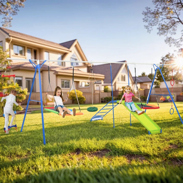 6 in 1 Swing Sets for Outside, SHINPT Playground Sets for Backyard, Outdoor Swing Set with Climbing Rope Ladder, Toddler Swing Sets with Disc Swing, Multifunctional Playset for Ages 3 10