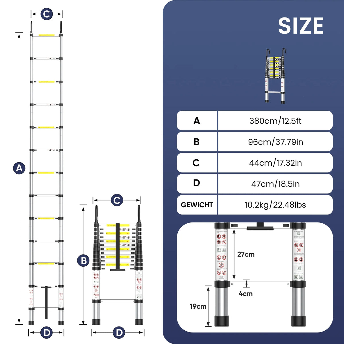 Luxvie Telescoping Ladder 12.5FT Aluminum Extension Ladder With Hook Multi-Purpose Ladder 13-Steps High Quality Aluminum Ladder Carrying Capacity 275lbs