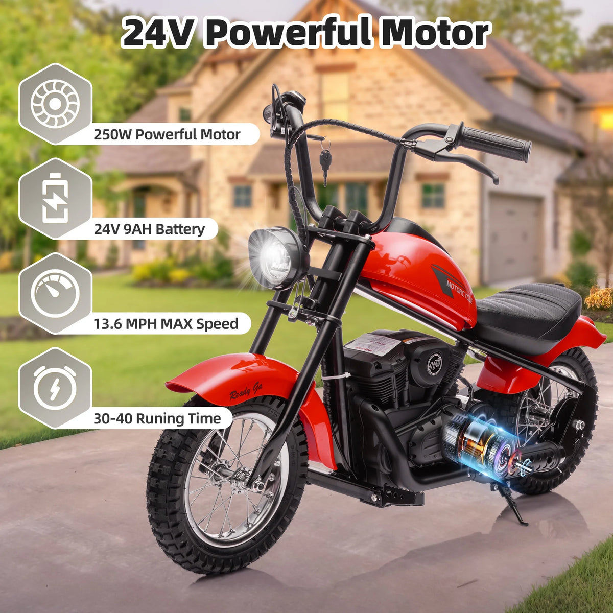 24V Kids Electric Dirt Bike, 250W Powered Ride on Motorcycle Toy with Speed up to 13.6MPH, Kids Motorized Dirt Bike with PU Seat, Motorcycle for Kids Boys Girls Ages 8-14, Hand Operated Brake, Red