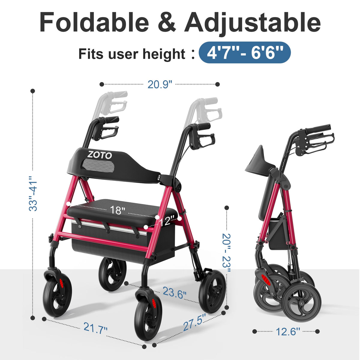 ZOTO ZOTO Walkers for Seniors with Seat, Foldable Rollator Walker, Reinforced Aluminum Frame, Height Adjustable Lightweight Rolling Walker,RED,VR2