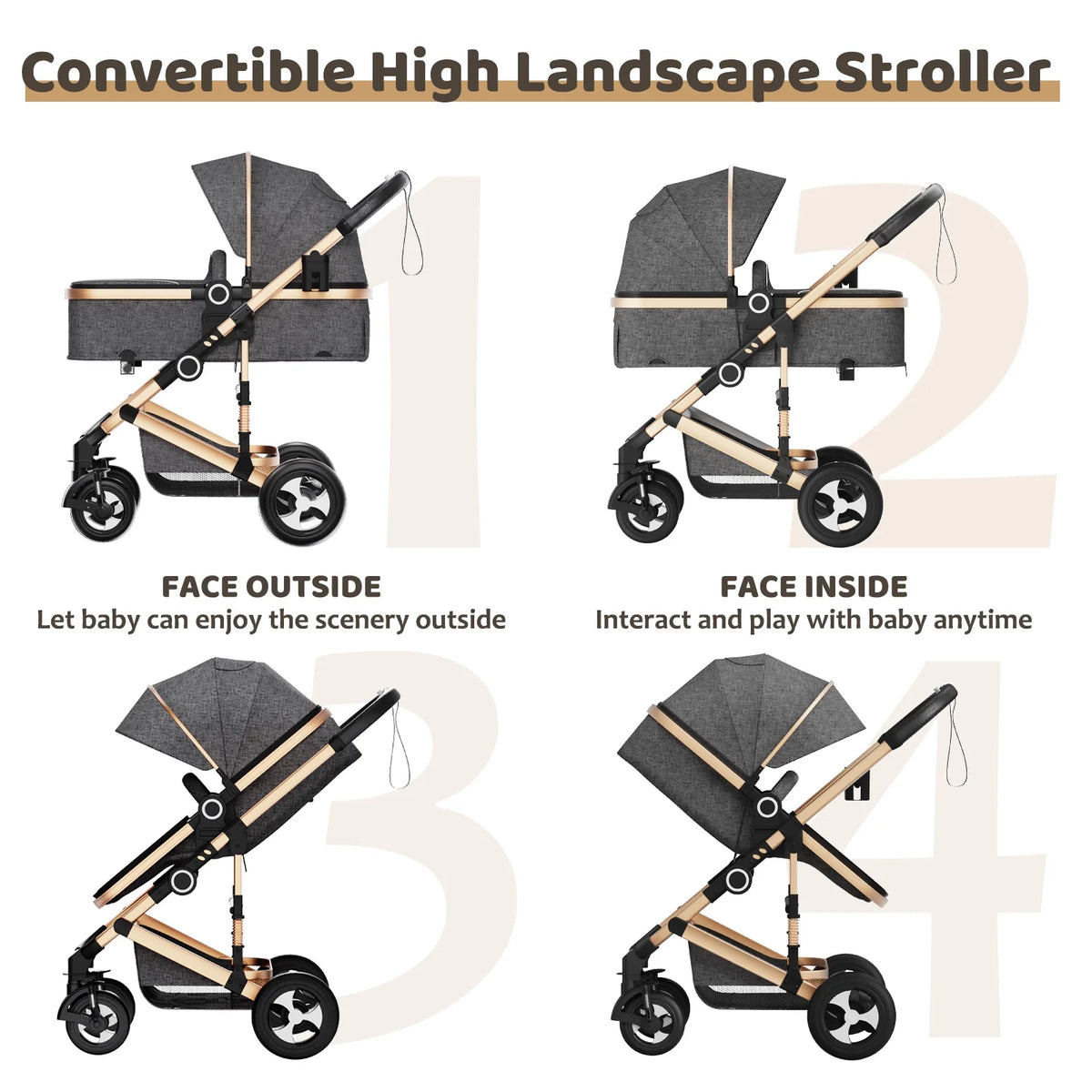 LINLUX 3 in 1 Convertible Baby Stroller, Infant Bassinet Stroller with Big Wheel, Kids Pushchair Rose Gold