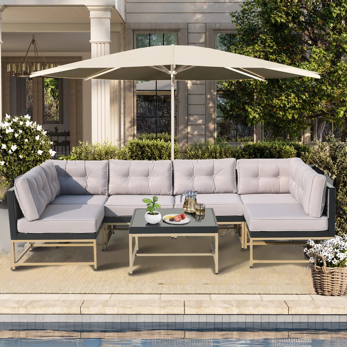 Clearance! 7 Pieces Patio Funiture Set, Outdoor Furniture Sectional Sofa Set,Manual Wicker Rattan Patio Conversation Set Heavy-duty Frame, with Cushions and Table, Gray