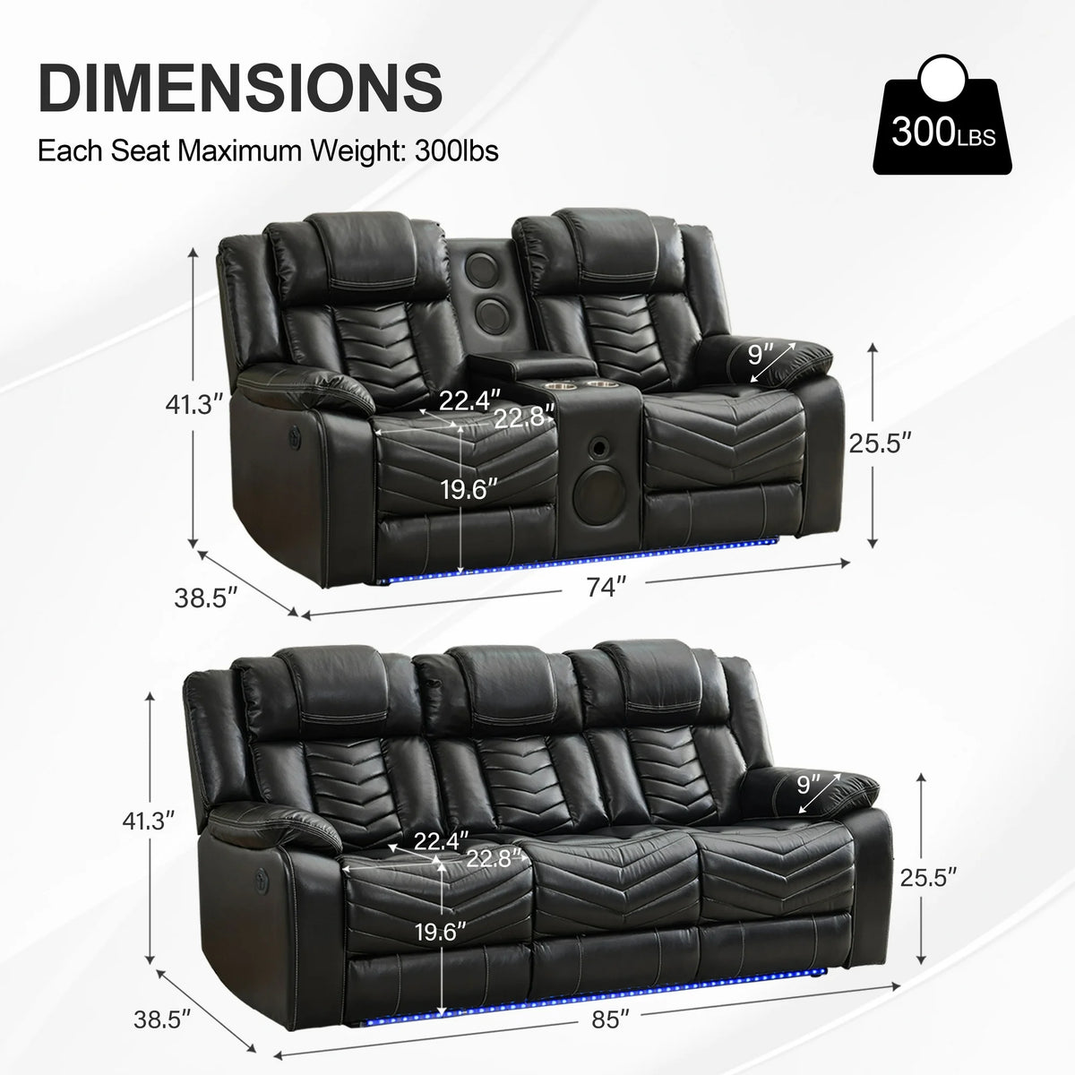 Othniel Power Recliner Sofa Set 5-Seater with Bass Speaker,Wireless Charger,LED Light Black