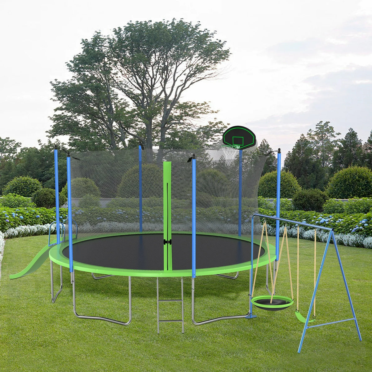 SHINPT 12FT Trampoline with Slide and Swings, ASTM Approval Recreational Trampoline with Basketball Hoop and Ladder, Easy Assembly, Outdoor Fitness Trampoline for Kids and Adults