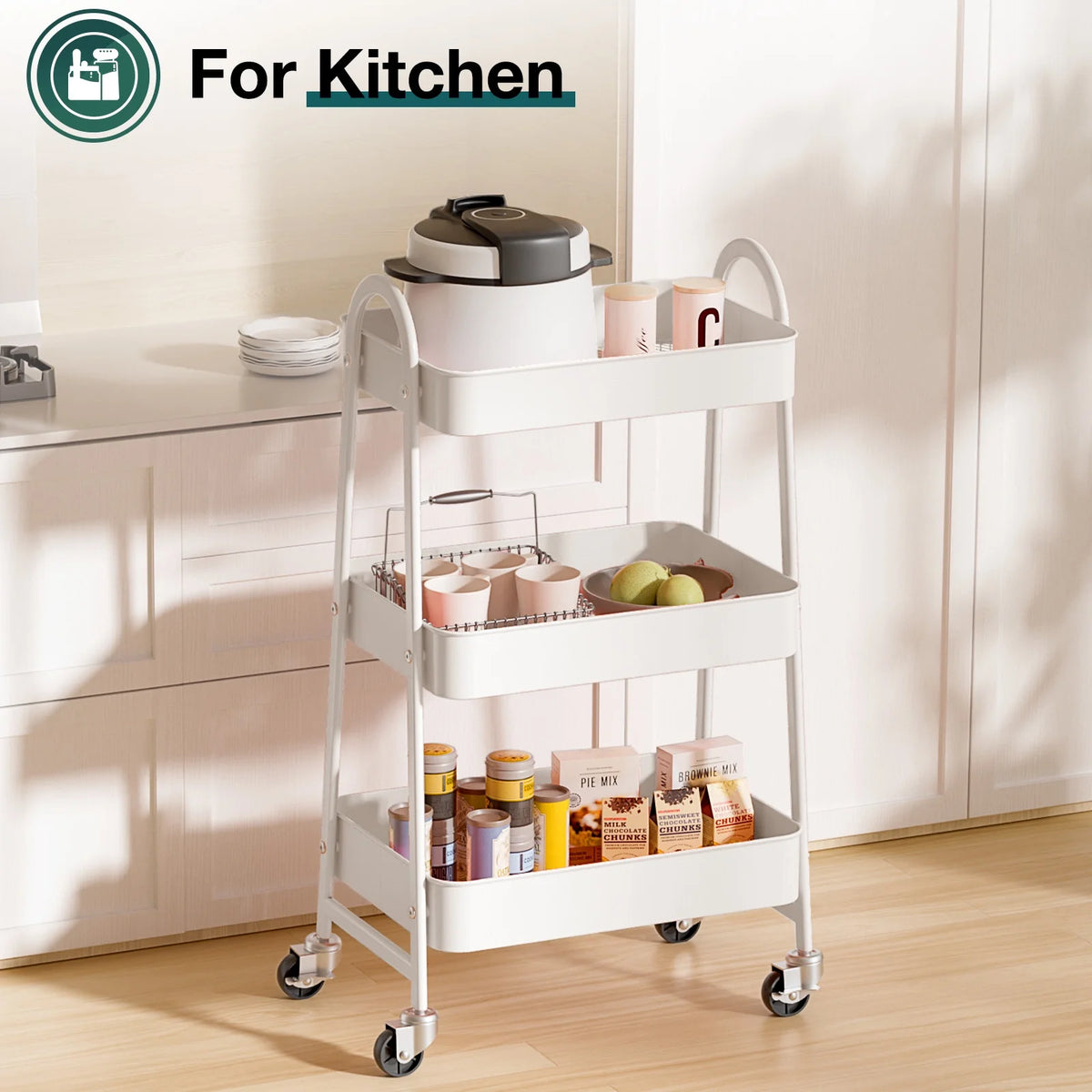 CONCETTA 3 Tier Utility Rolling Cart, Metal Mobile Storage Cart with Lockable Caster Wheels, Storage Shelves Organizer Cart for Livingroom, Bathroom, Kitchen, & Narrow Places, White