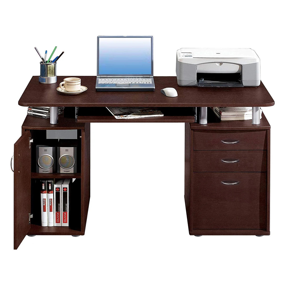 Ktaxon Brown Computer PC Desk Home Office Study Writing Table 3 Drawers Bookcase