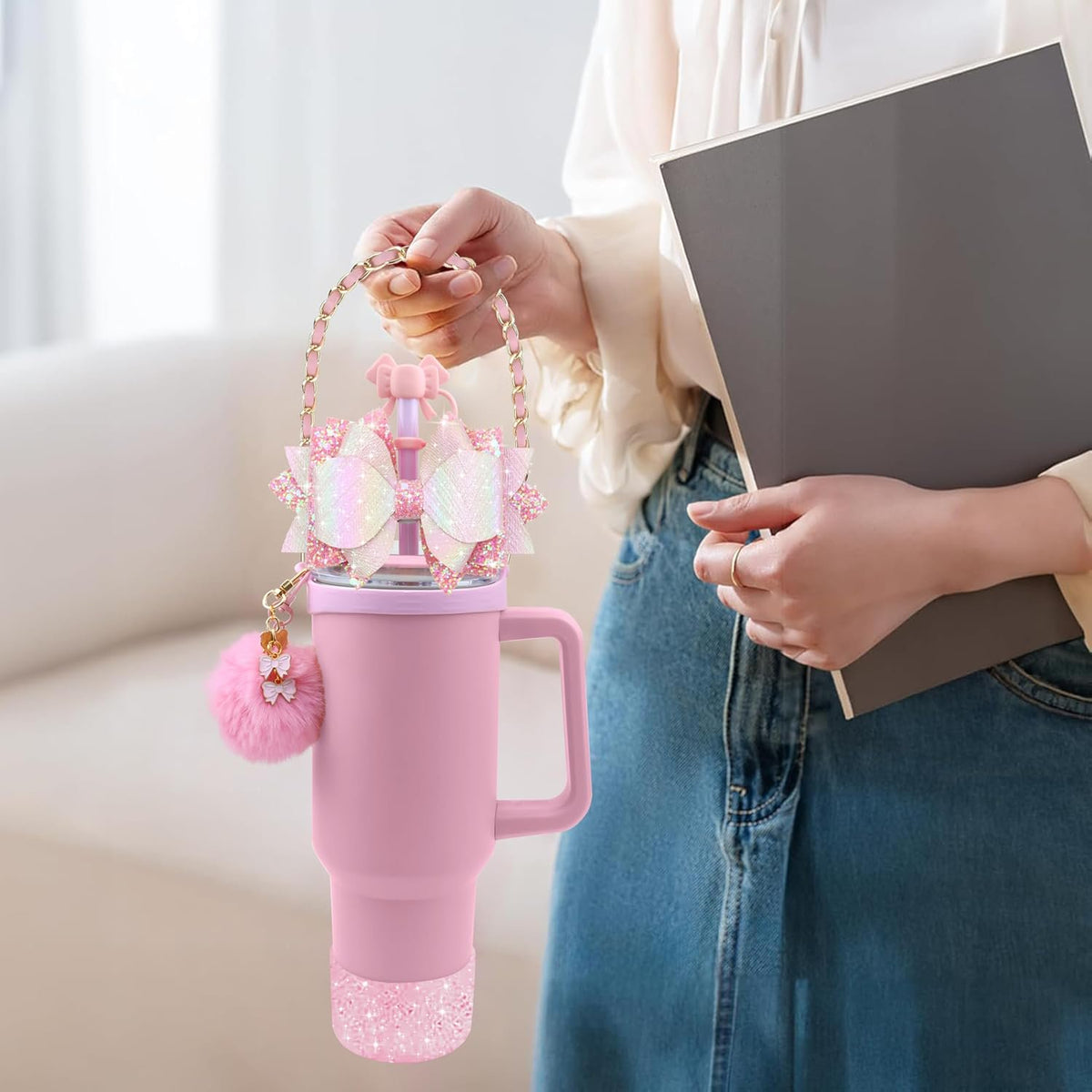 Cup Accessories and Charm Set for Stanley Tumbler Cup, Silicone Straw Cover Cap Straw Toppers Cup Boots, Pink