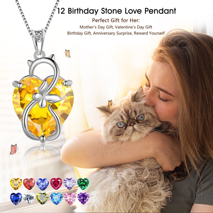 Juwaliy 15MM Women Cat Necklace Heart October Birthstone 925 Sterling Silver Pendant Pink Tourmaline Butterfly Jewelry Mother Gift