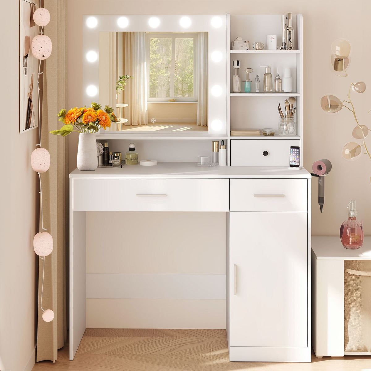 edx Vanity Desk with Mirror, Makeup Vanity Table with 3 Color Light Options Adjustable Brightness for Bedroom Dressing Room, White