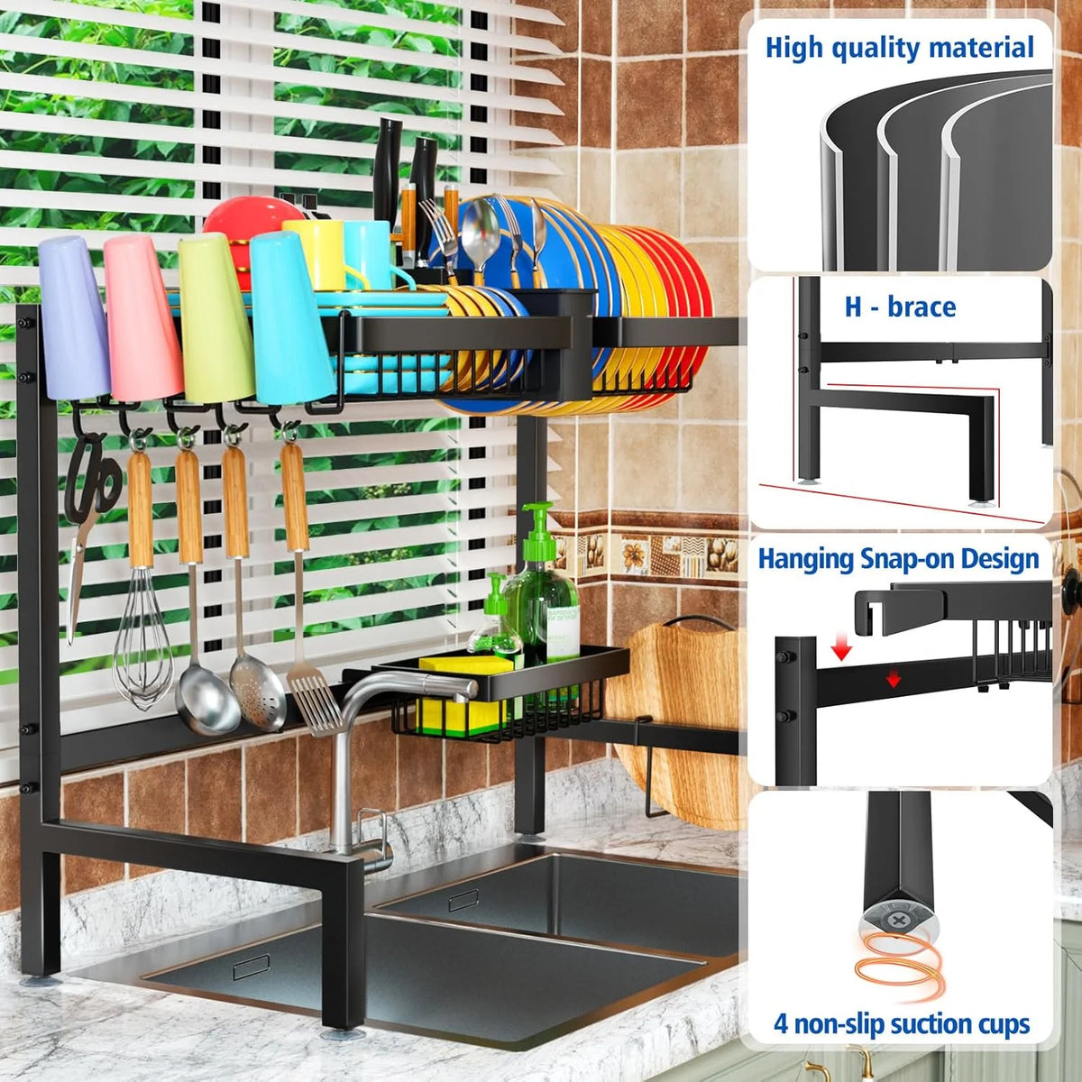 2-Tier Over The Sink Dish Drying Rack, Kitchen Large Dish Drying Rack Over The Sink, Suitable for Most Sinks, Effective Dish Drying, Kitchen Drying Rack（24.8"-35.4"）