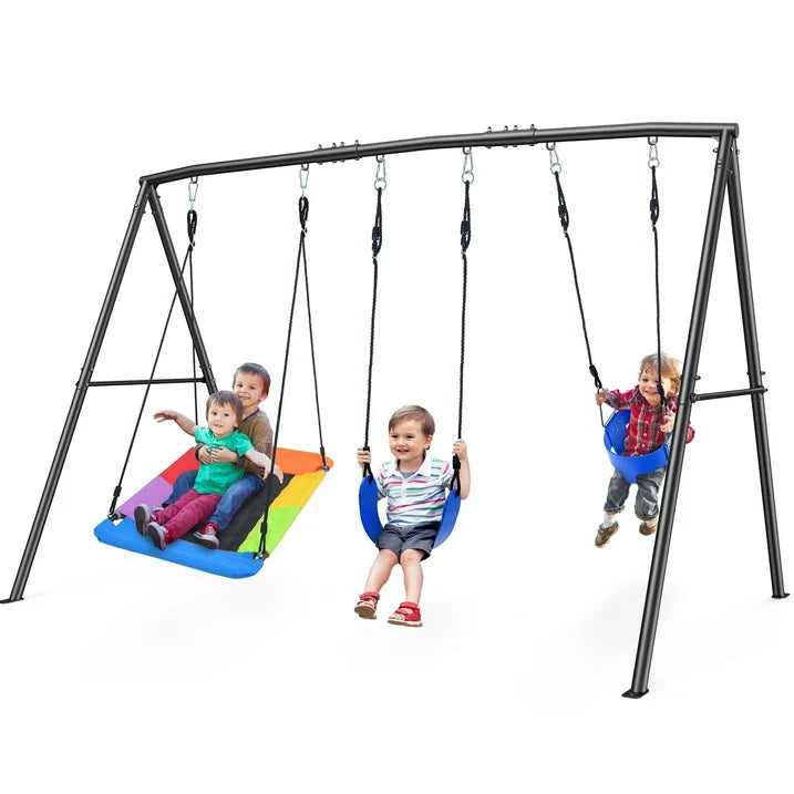 KloKick 440lbs Outdoor Swing Set for Kids  Includes Toddler Swing, Belt Swing, and Platform Swing, Metal Frame for Backyard Play
