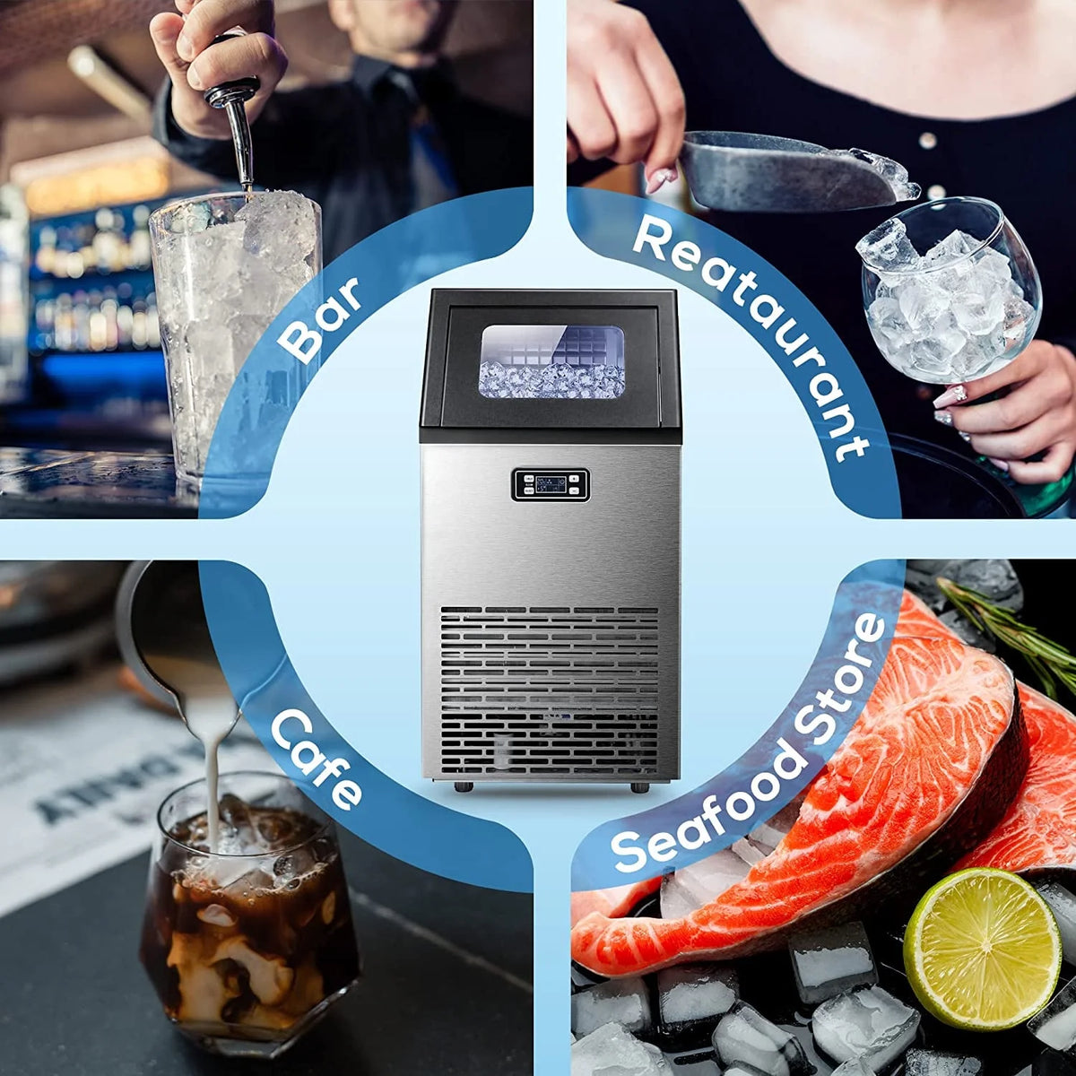 100Lbs/24H Commercial Ice Maker, 45 Cubes in 11 Mins, Stainless Steel, Auto Clean, Under Counter for Home/Bar Use， Auseo