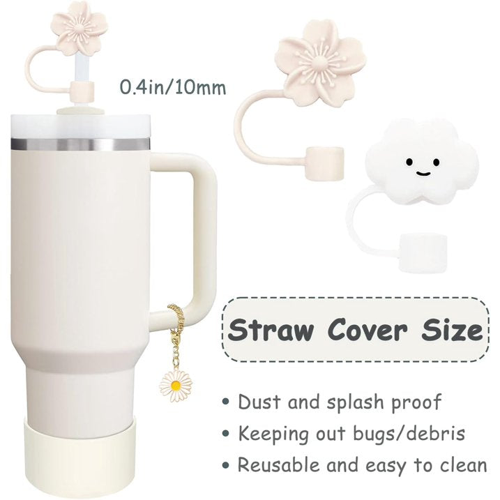 Spill Proof Stopper and Cup Accessories for Stanley, Silicone Straw Cover Cap Straw Toppers Flower Charm Cup Boots Fits Stanley 40 30 Oz Tumbler, White