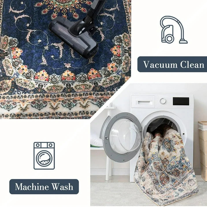 SUSUZI 5.3' x 7.5' Area Rug - Bohemian Retro Carpet, Machine Washable, Non-Slip, Low-Pile Soft Rug for Living Room, Bedroom, Blue