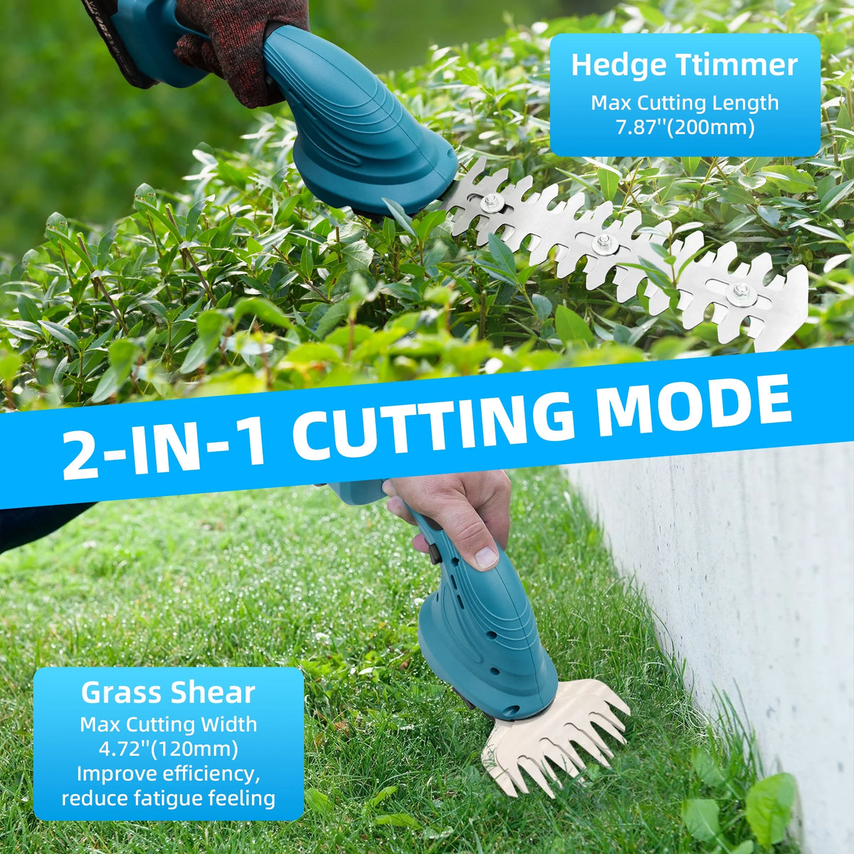 Sentryse Hedge Trimmer  Cordless Grass Shear 2 in 1 Handheld Trimmer Electric Grass Shear, Battery Operated Hedge Shears with 2 Batteries and Charger