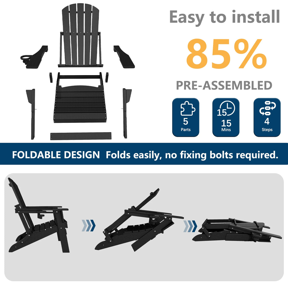 FOOWIN HDPE Folding Adirondack Chair, Fire Pit Chairs with Cup Holder, Black