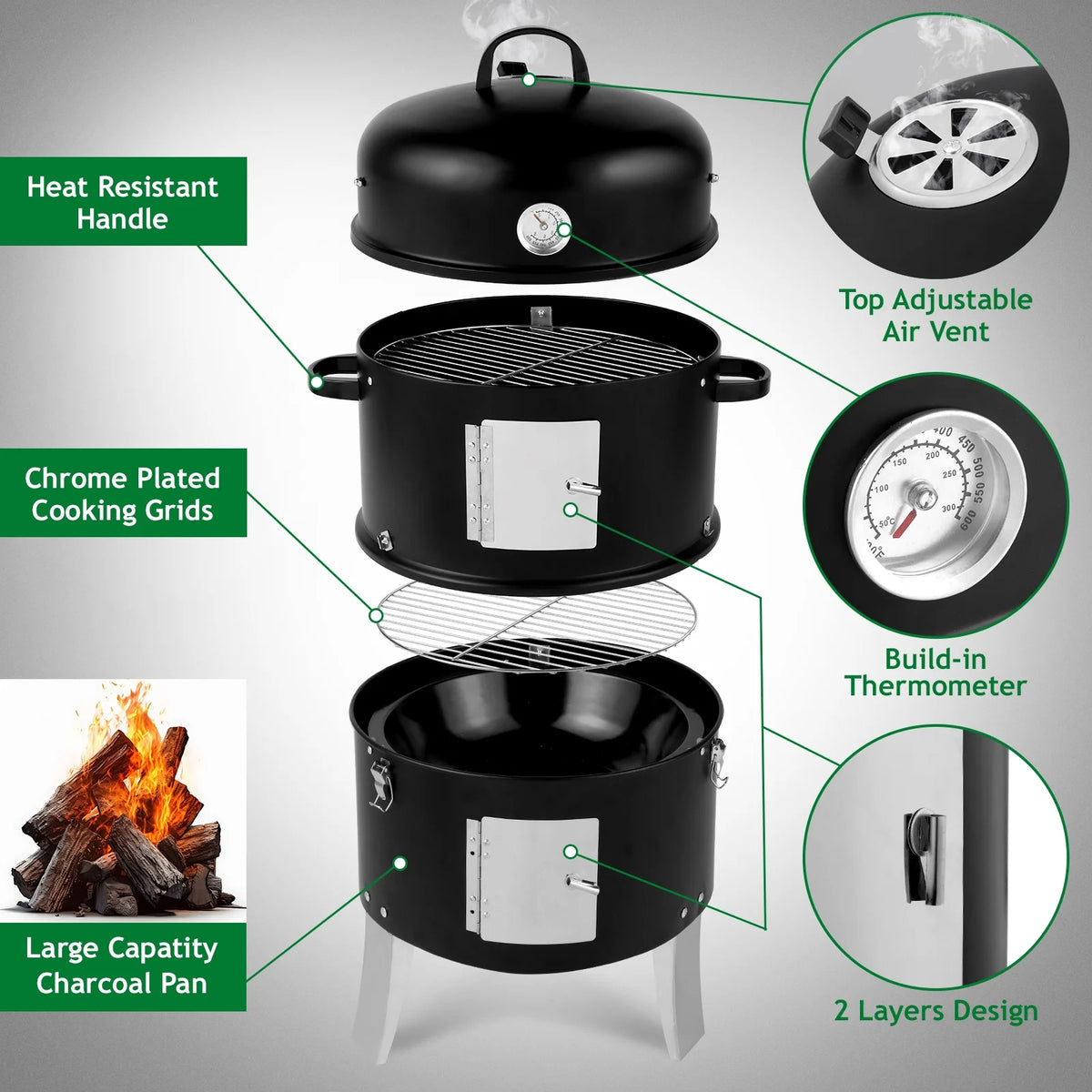 Zintown BBQ Charcoal Grill Outdoor Barbecue Pit Smoker with 3 IN 1 BBQ Grill for Patio Backyard