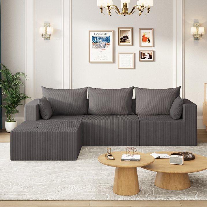 104  Modular Sectional Sofa, L Shape Sectional Sofa Couch with Deep Seat, Free Combination Corduroy Couches for Living Room, No Assembly Required, Grey