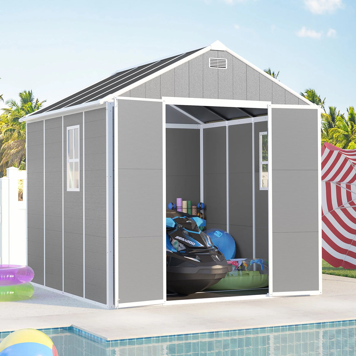 8x10FT Outdoor Shed, Extra Large Storage Shed Resin, Outside Storage for Garden Backyard, Double Doors, Double Windows, PP Splicing Floor, Heavy-duty Frame