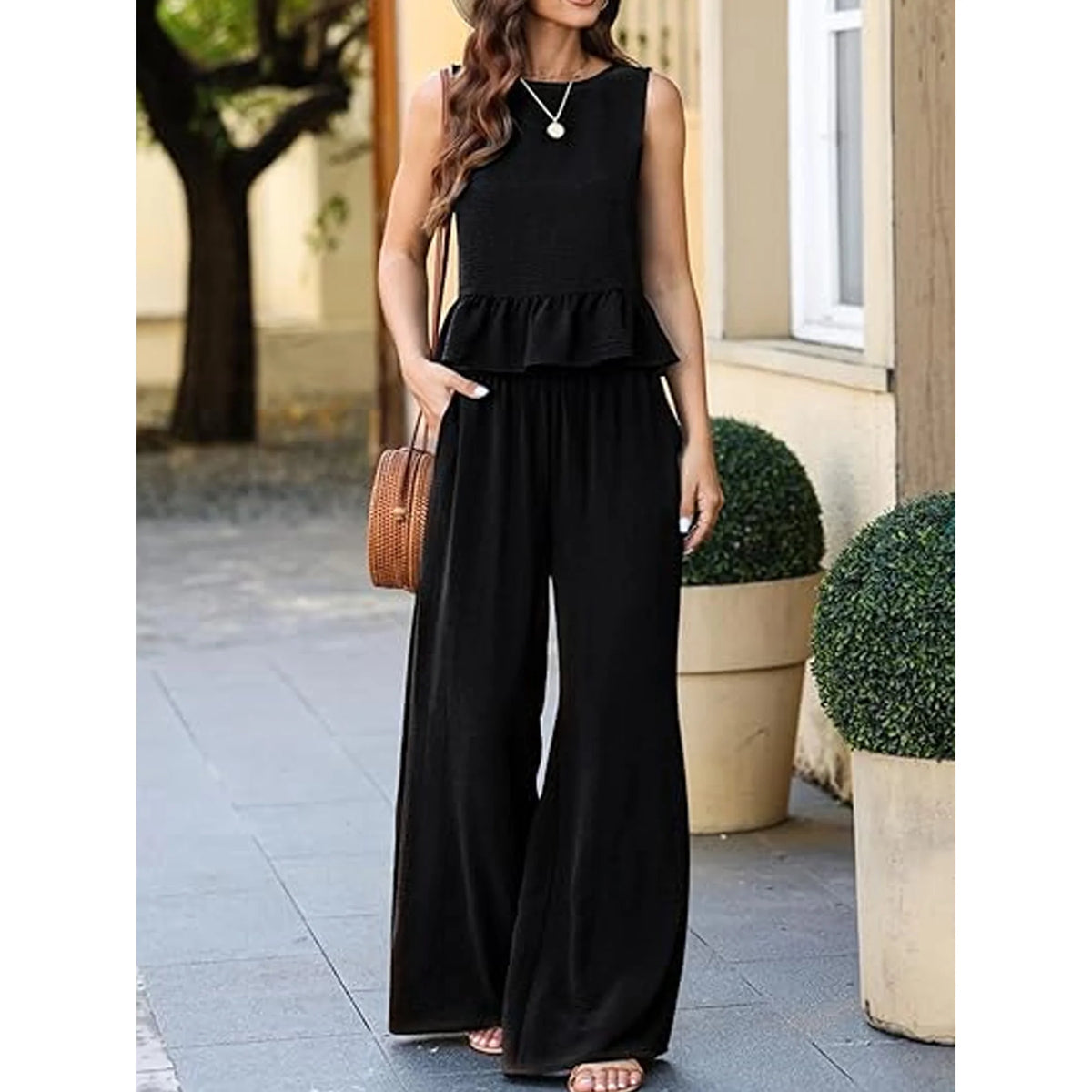 SHIBEVER Outfit Sets for Women 2 Piece Sets Summer Casual Sleeveless Set Outfits with Pockets Round Neck Tank Tops Matching Sets for Womens Clothes Elastic Waist Wide Leg
