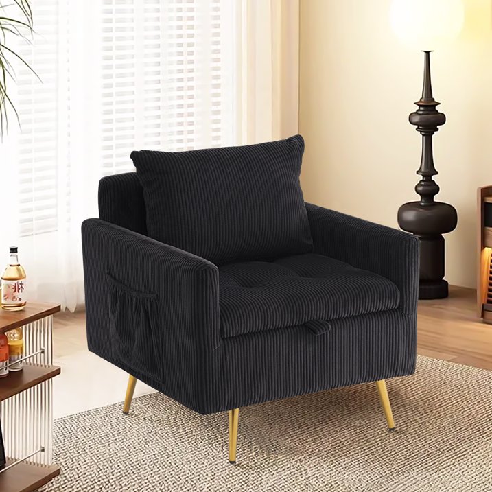 Modern Accent Chair, Single Sofa Armchair with Storage, 1 Pillow, Corduroy Fabric Arm Chair for Living Room, Black