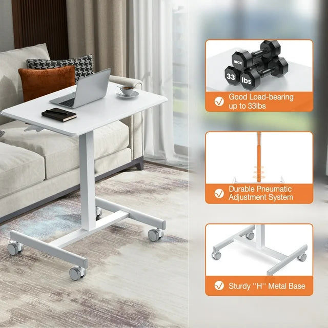 Mobile Rolling Standing Desk - Overbed Table, Teacher Podium with Wheels, Adjustable Work Table, Rolling Desk Laptop Computer Cart for Home, Office, Classroom - White