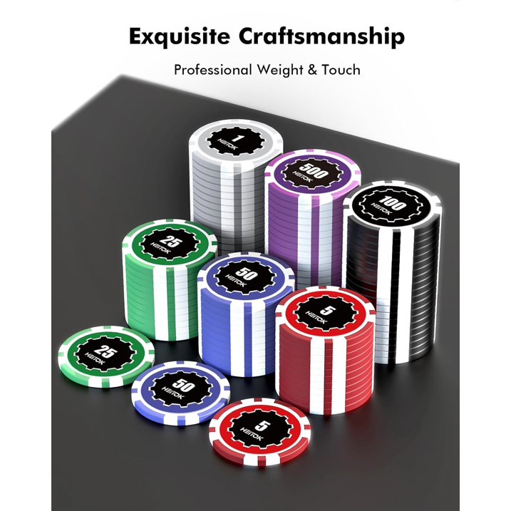 HEITOK 300 Piece Poker Chips Set with Denominations 11.5g Weighted Chips, Includes 5 Dice 2 Card Decks in Durable Aluminum Case for Poker Nights Card Games