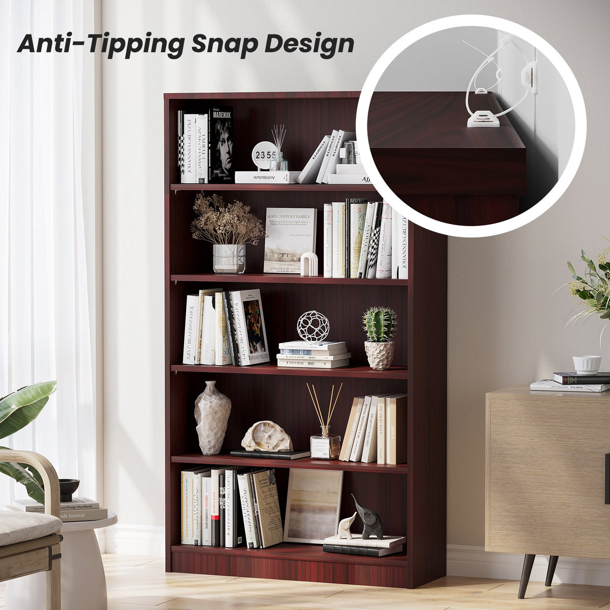 Farini 5 Tiers Bookcase, Wooden Bookcase with Adjustable Shelves for Home, Office, Mahogany