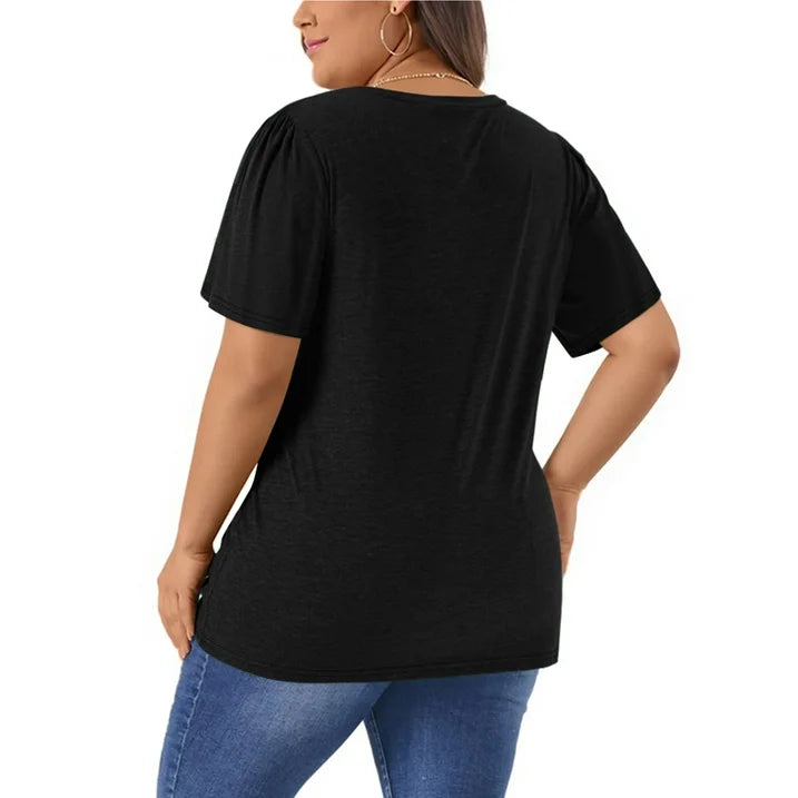 WellSize Plus Size Blouses for Women Button Tunic Tops V Neck Short Sleeve Summer Shirts