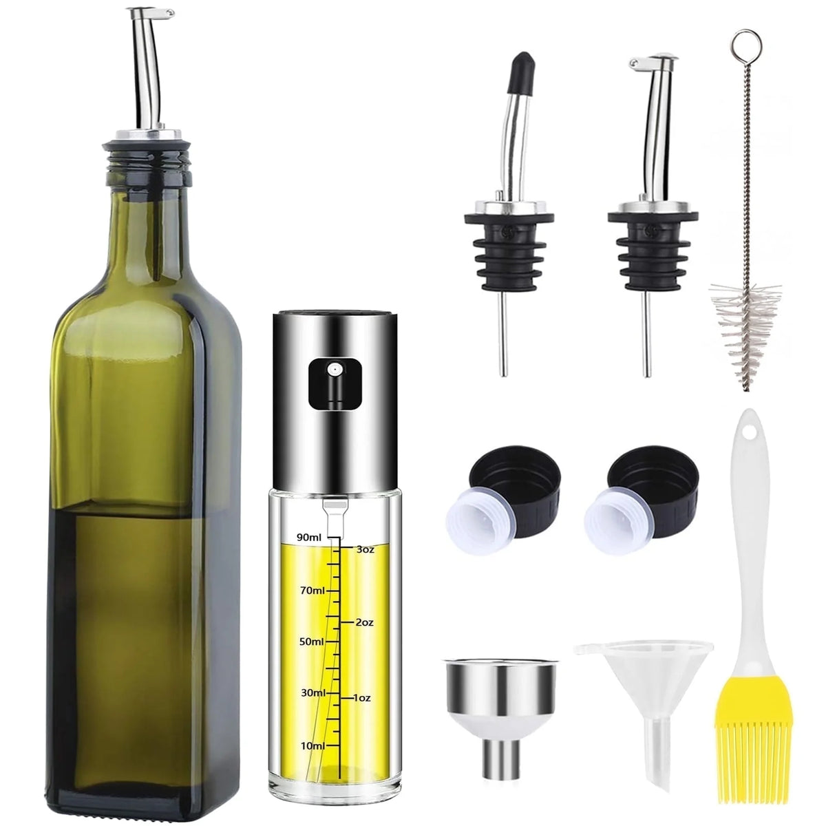 Aovky Olive Oil Dispenser Bottle ,Oil Sprayer Bottle Set for Kitchen Cooking, 17.6 Oz Green Oil and Vinegar Cruet with Drip-Free Stainless Steel Spout and 100 ML Oil Spray with Measurements