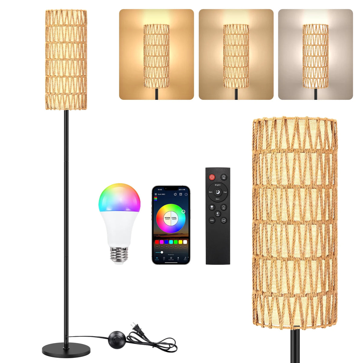 BLITZWILL Arc Floor Lamp with Remote Control, Smart APP Remote Standing Lamps with RGB Bulb,Dimmable, for Living Room Bedroom Office Corner