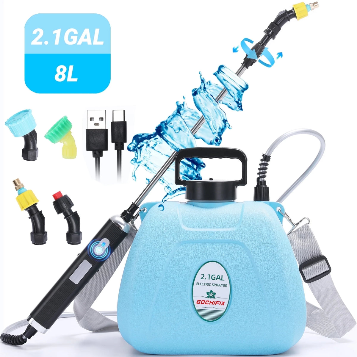 Garden Sprayer,ENJOYWOOD 2.11 Gallon/8L Electric Backpack Sprayer with 4 Mist Nozzles,6 Spray Modes,Retractable Wand Adjustable Shoulder Strap for Lawn, Garden, Yard,Blue
