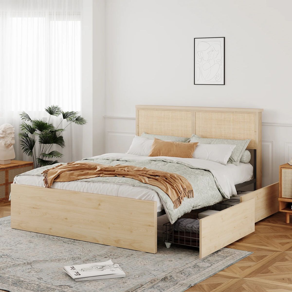 Brafab Natural Rattan Queen Bed Frame with Wooden Headboard and 4 Storage Drawers, Boho Cane Bed Metal Platform Bed with Strong Wooden Slat Mattress Foundation, Noise Free, No Box Spring Needed…