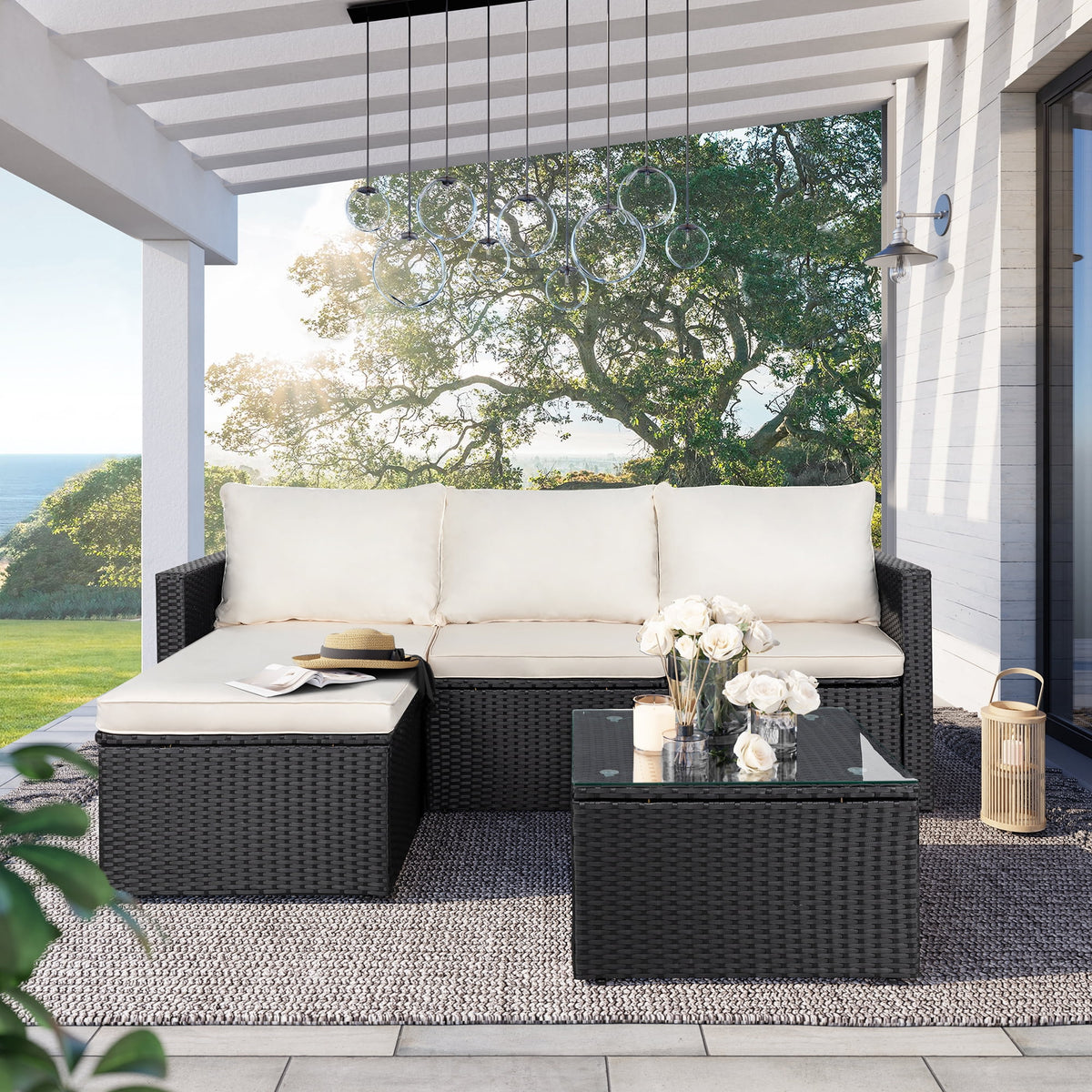 Carpet Outdoor Sectional Patio Furniture Sofa Set with Cushion & Glass Table,White