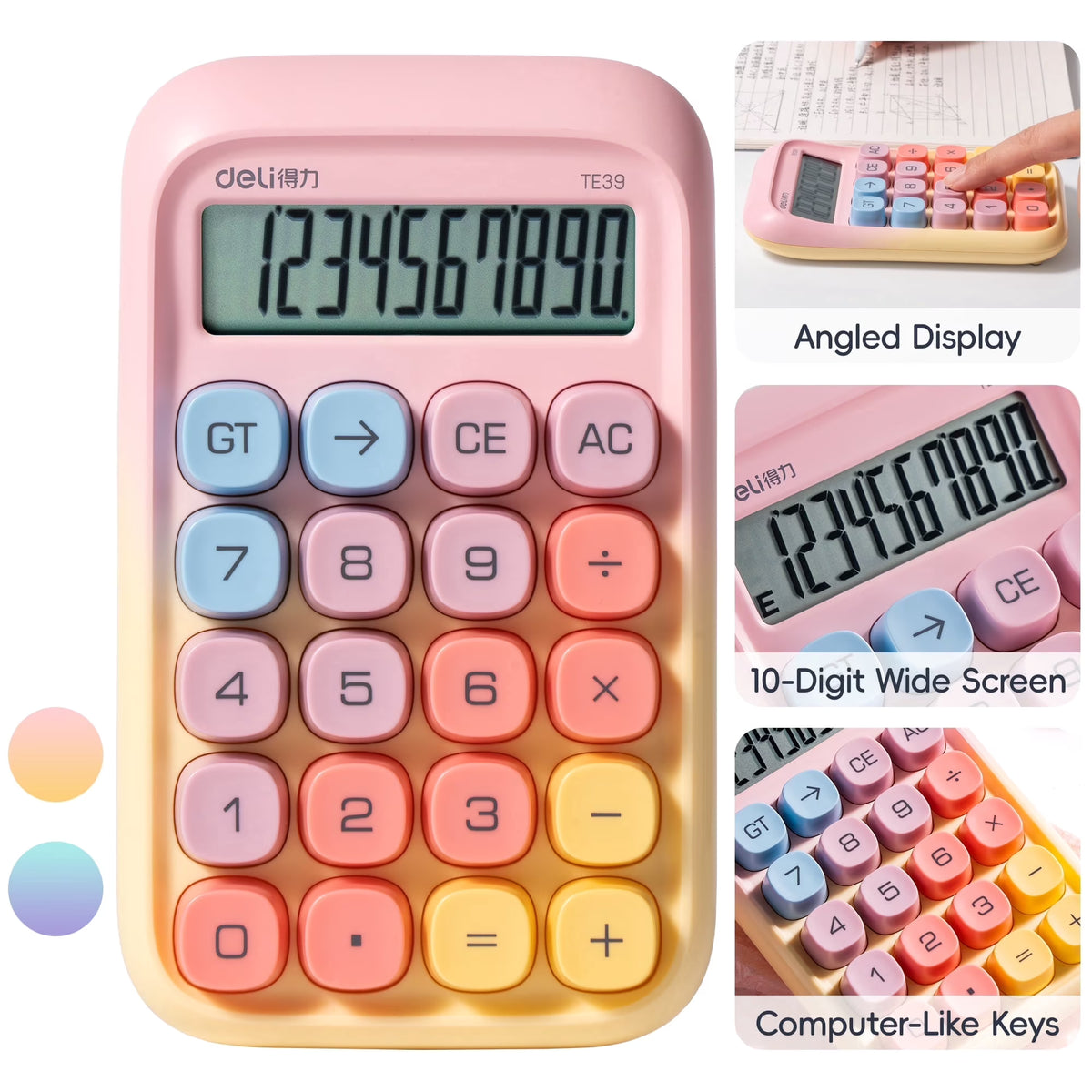 Deli Mechanical Switch Calculator with Battery, 10 Digit Large LCD Display, Big Buttons, Yellow