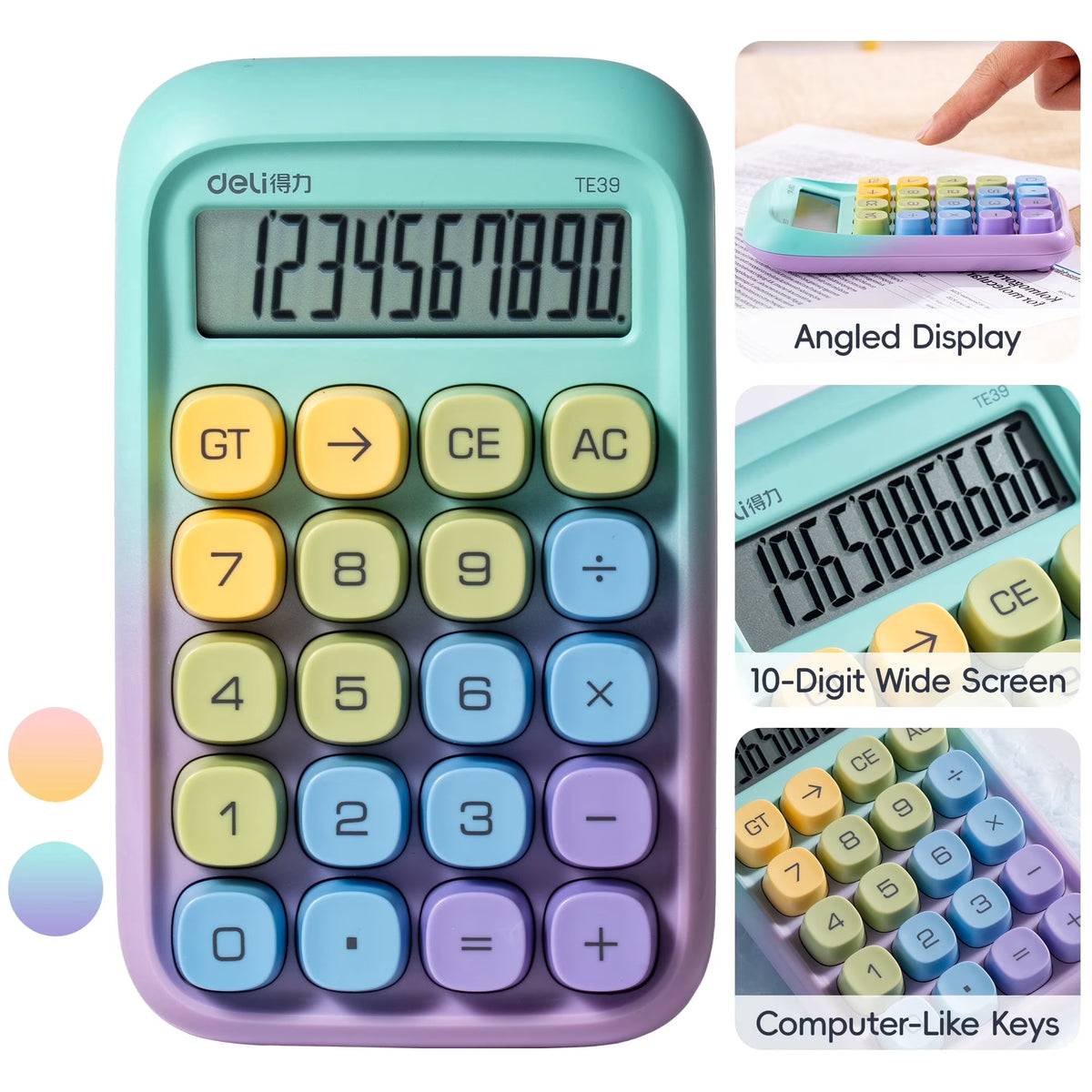 Deli Mechanical Switch Calculator with Battery, 10 Digit Large LCD Display, Big Buttons, Purple