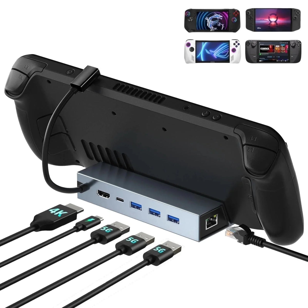 Docking Station for Steam Deck, 6 in 1 Stream Deck Dock with HDMI 2.0 4K 60Hz, 1Gbps RJ45 Ethernet, 3 USB 3.0 5Gbps, and 100W Charging USB-C Port Compatible with ROG Ally, Steam Deck, Laptop