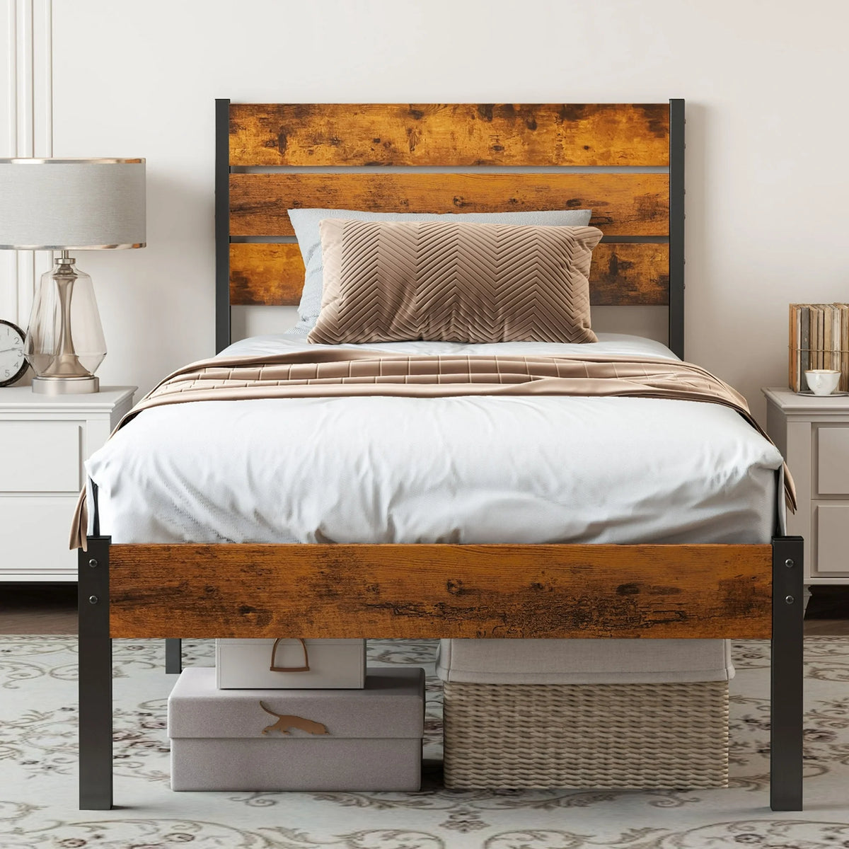 EDX Twin Size Metal Bed Frame with Industrial Wooden Headboard, Ample Storage, Noise-Free Design, Sturdy Steel Slat Support, Rustic Brown