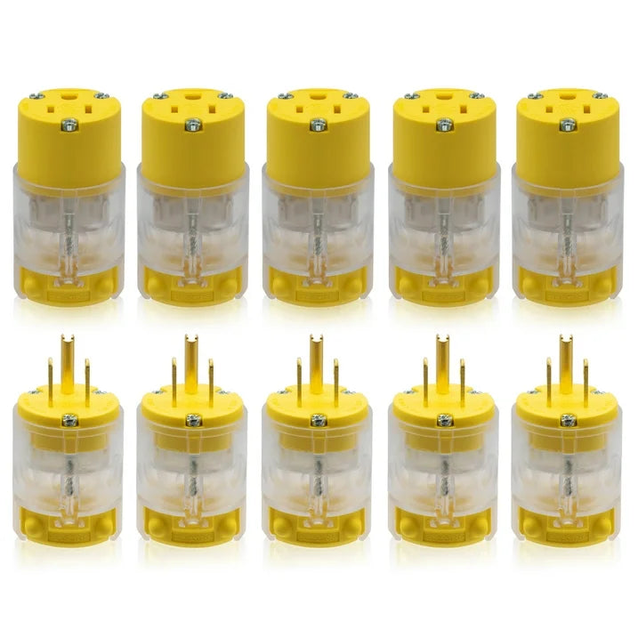 ELEGRP Lighted Straight Blade Electrical Plug and Connector Set 15 Amp 125 Volt NEMA 5-15P NEMA 5-15R 2 Pole 3 Wire Grounding, Commercial Grade, Yellow, 5 Set