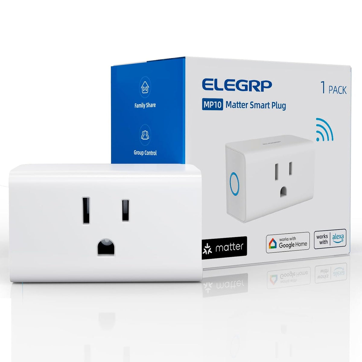 ELEGRP Matter Supported Mini Smart Plug, Smart Outlet 15A/1800W Max, Compatible with Apple Home, Siri, Alexa, Google Home, SmartThings, Compact Design, UL Certified, 2.4G Wi-Fi Only, White, 2 Pack