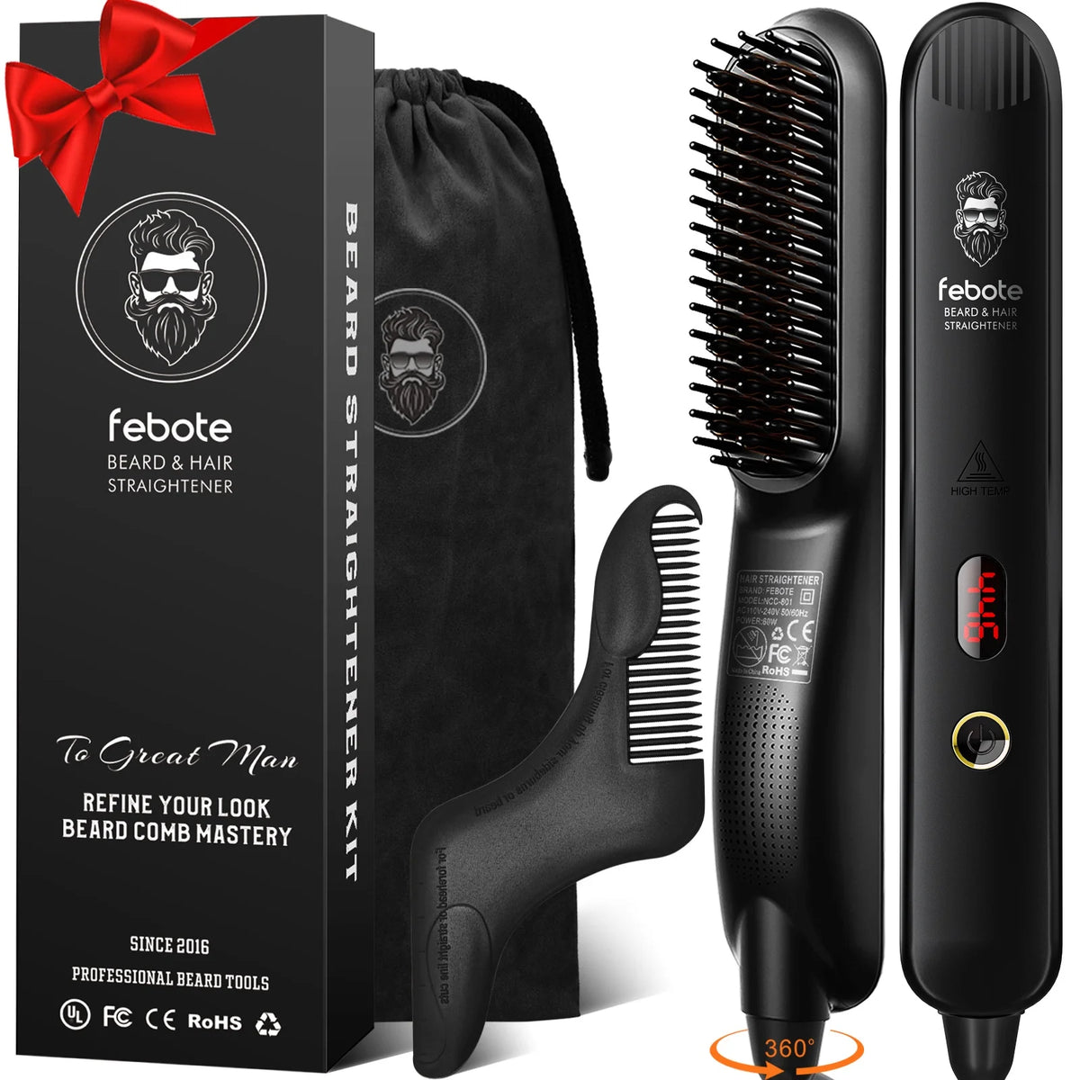 FEBOTE Beard Straightener Brush Kit for Men, Anti-Scalding Heated Styling Hair Comb, 5 Temperature Settings, Grooming Gifts with Bear Shaper and Travel Bag